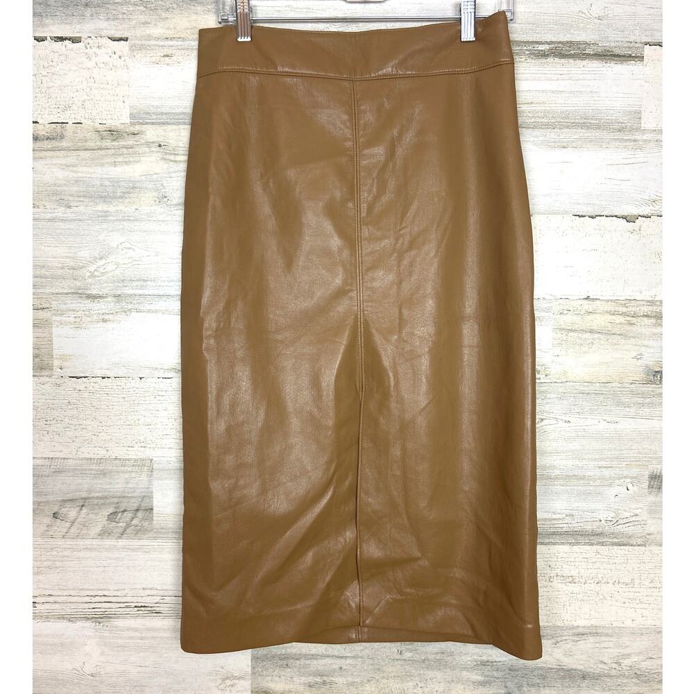 Elie Tahari Womens 8 Tan Vegan Faux Leather Midi Pencil Skirt Workwear